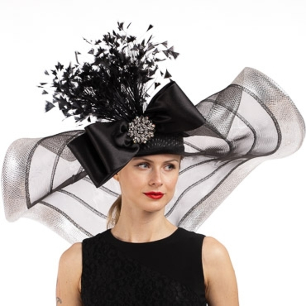 Beloved Millinery Exquisite Black Couture Silver Oversized Brim Hat Work of Art